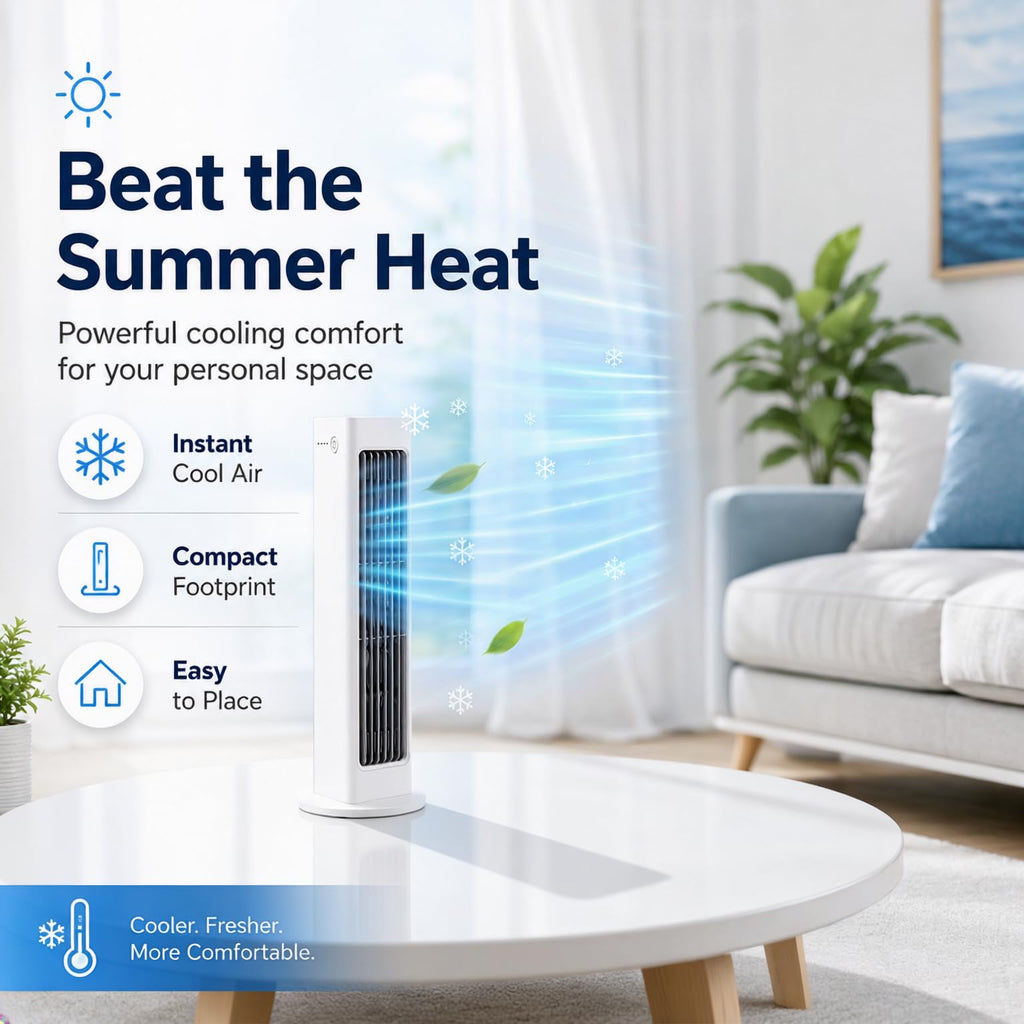 Breezemax Portable Tower Fan with Remote, Rechargeable Bladeless Air Cooler Fan, USB-C Cooling Fan, 3 Speeds, Quiet Oscillating Mini Fan for Bedroom, Office, Dorm