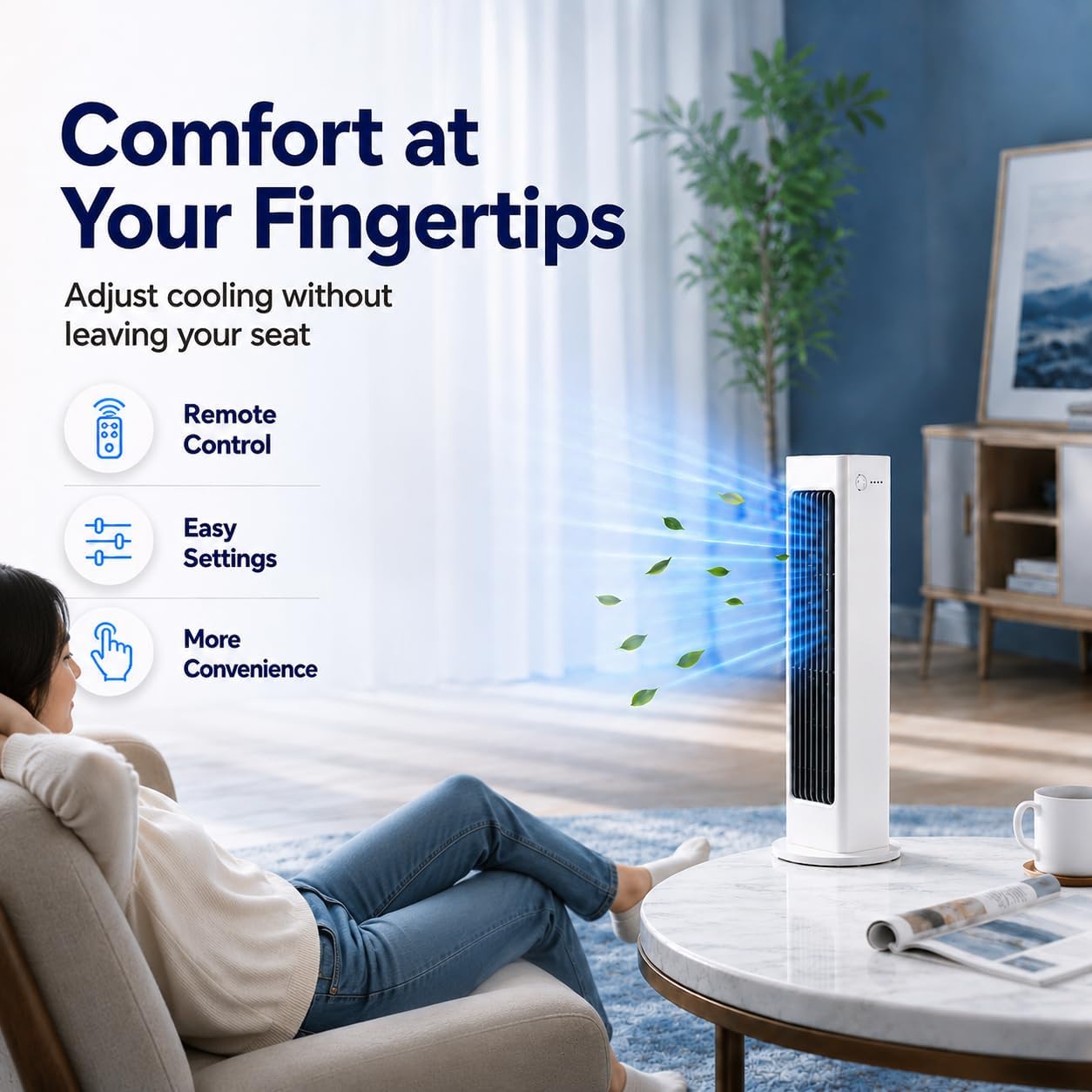 Breezemax Portable Tower Fan with Remote, Rechargeable Bladeless Air Cooler Fan, USB-C Cooling Fan, 3 Speeds, Quiet Oscillating Mini Fan for Bedroom, Office, Dorm