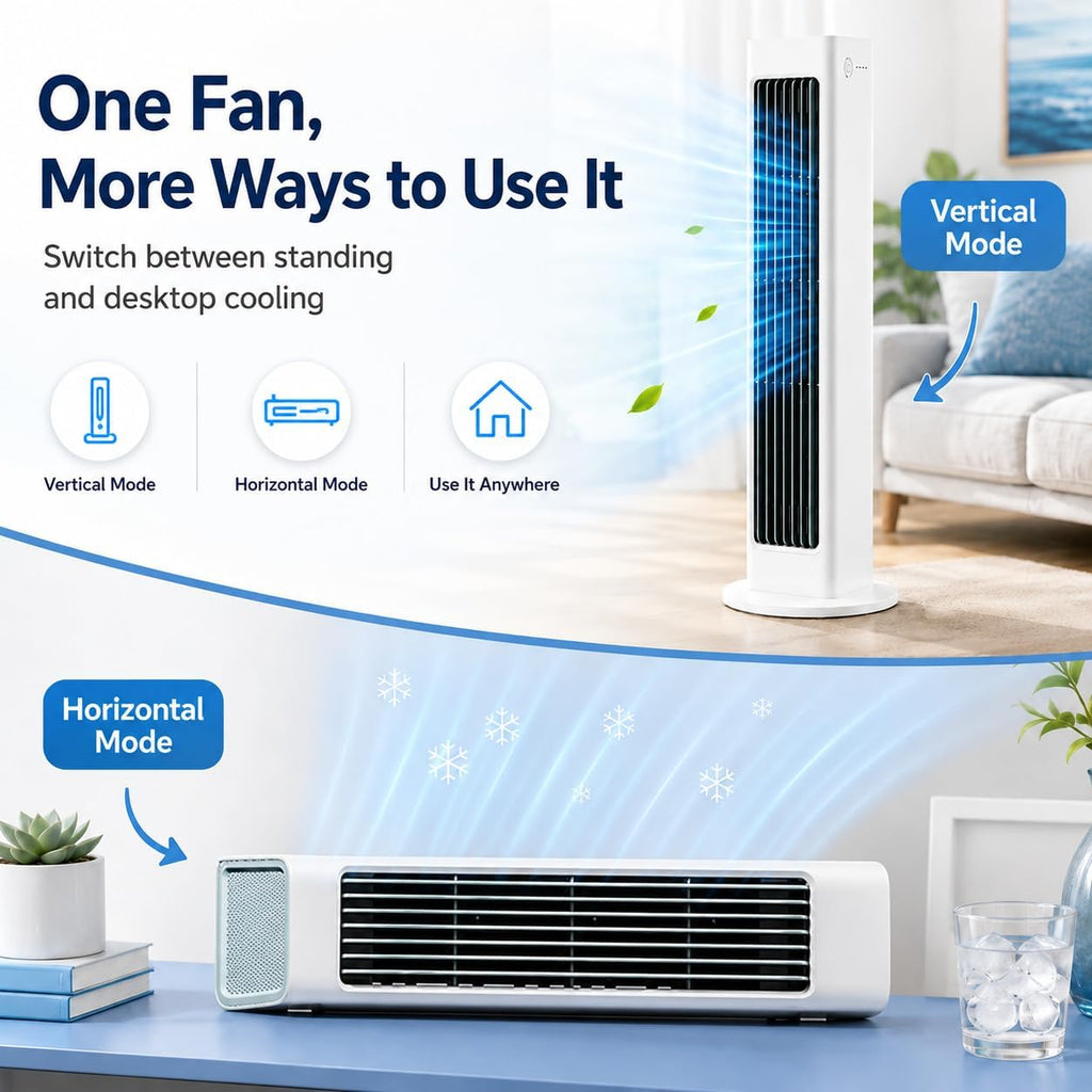 Breezemax Portable Tower Fan with Remote, Rechargeable Bladeless Air Cooler Fan, USB-C Cooling Fan, 3 Speeds, Quiet Oscillating Mini Fan for Bedroom, Office, Dorm