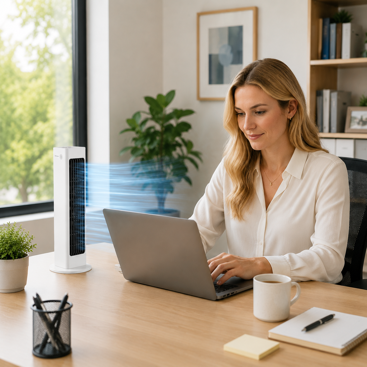 Compact design, powerful breeze, perfect for home office use.